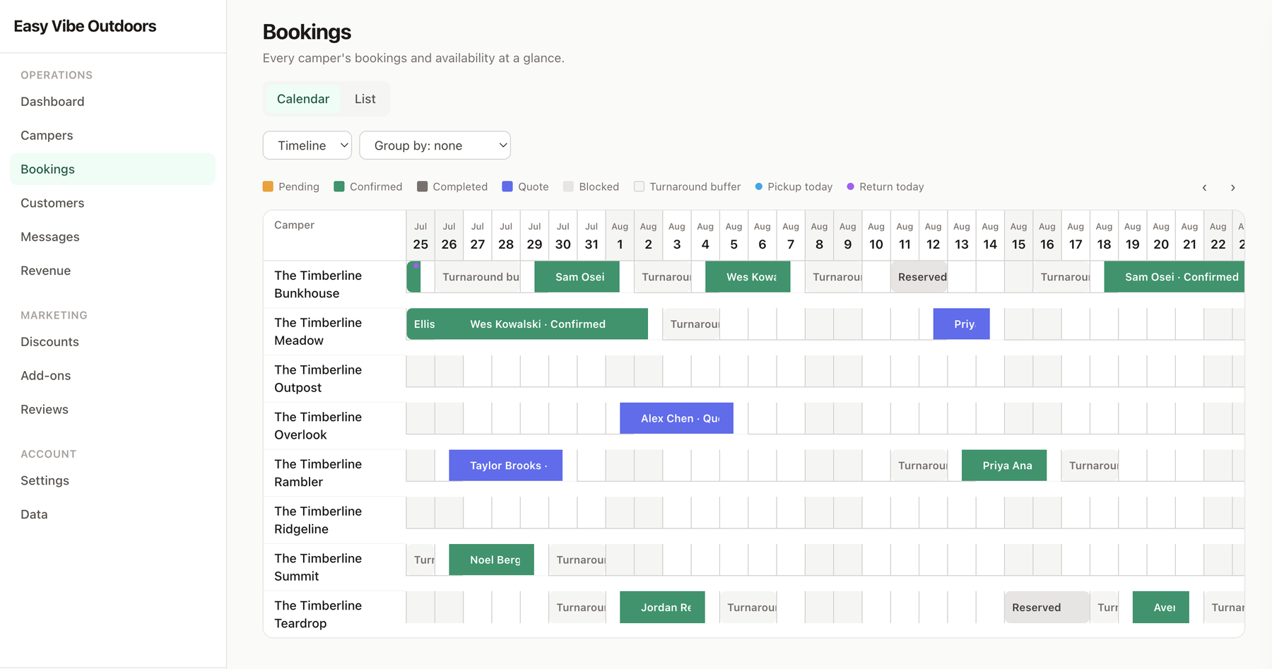 The Bookings calendar showing a fleet of campers with color-coded confirmed, pending, quote, and completed bookings