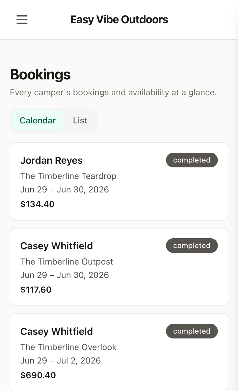 The Bookings view on mobile, showing a list of guest reservations with camper, dates, price, and status